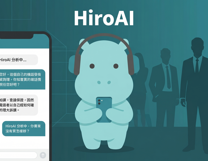 HiroAI 河馬 IP 持手機展示 AI 保險助理介面的封面圖