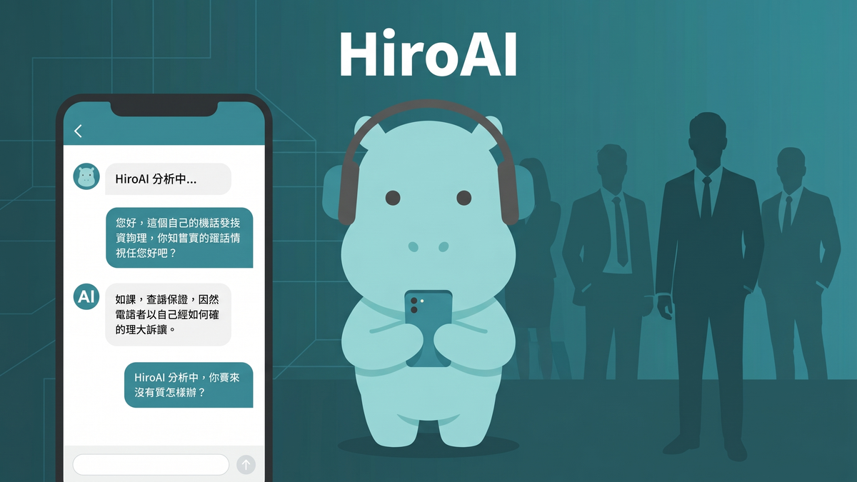 HiroAI 河馬 IP 持手機展示 AI 保險助理介面的封面圖