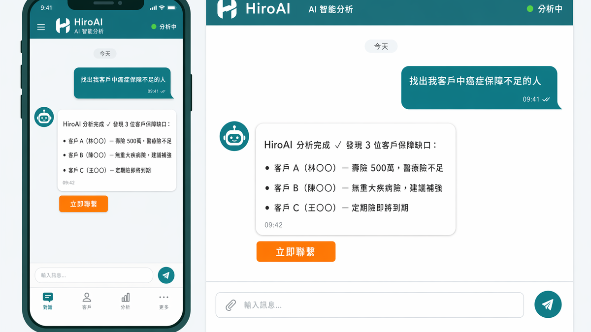 HiroAI 分析客戶癌症保障缺口的對話介面截圖
