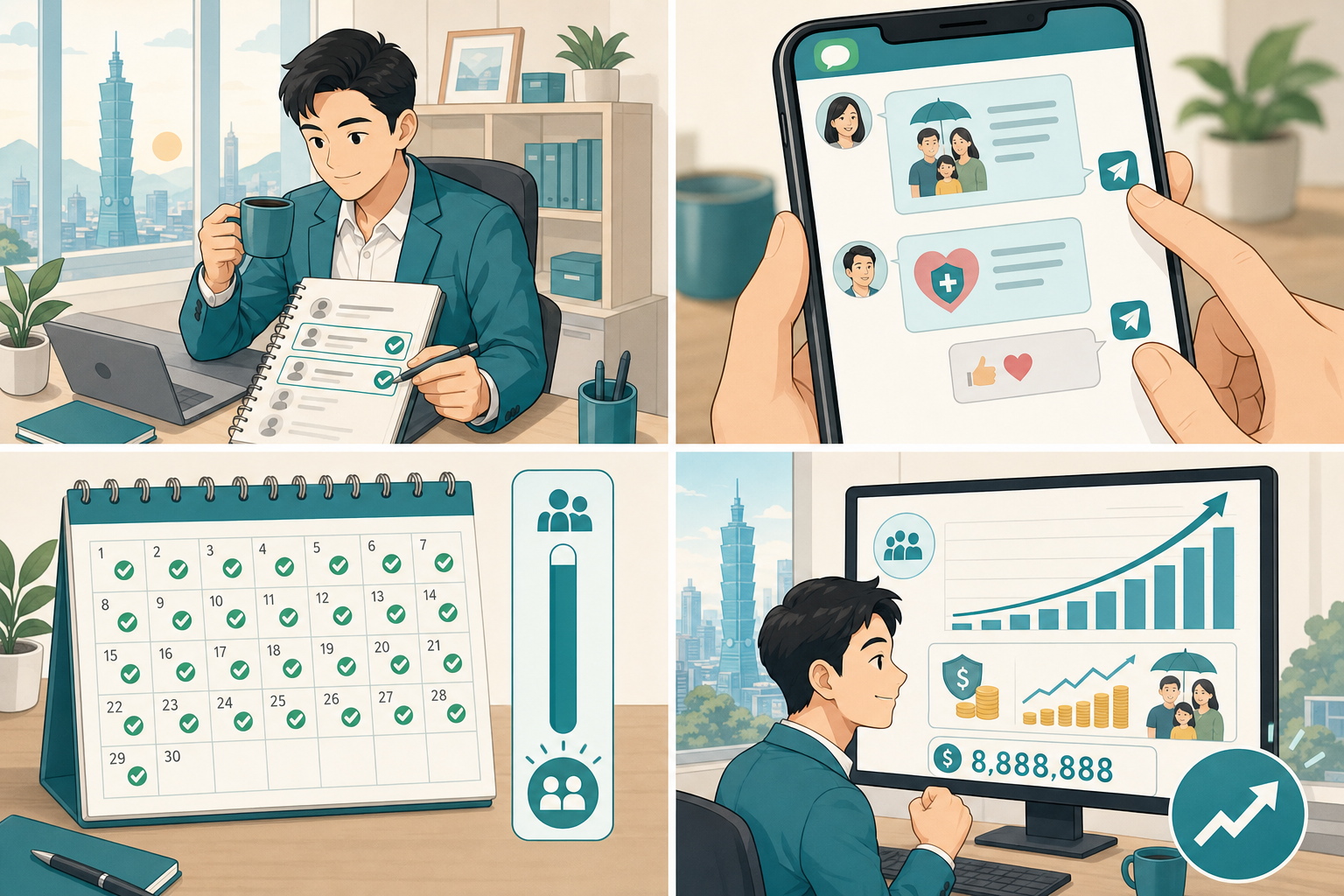 招式 2 情境：早上列名單 → 個性化訊息 → 30 天日曆累積 60 個觸及 → Dashboard 看到保費入帳