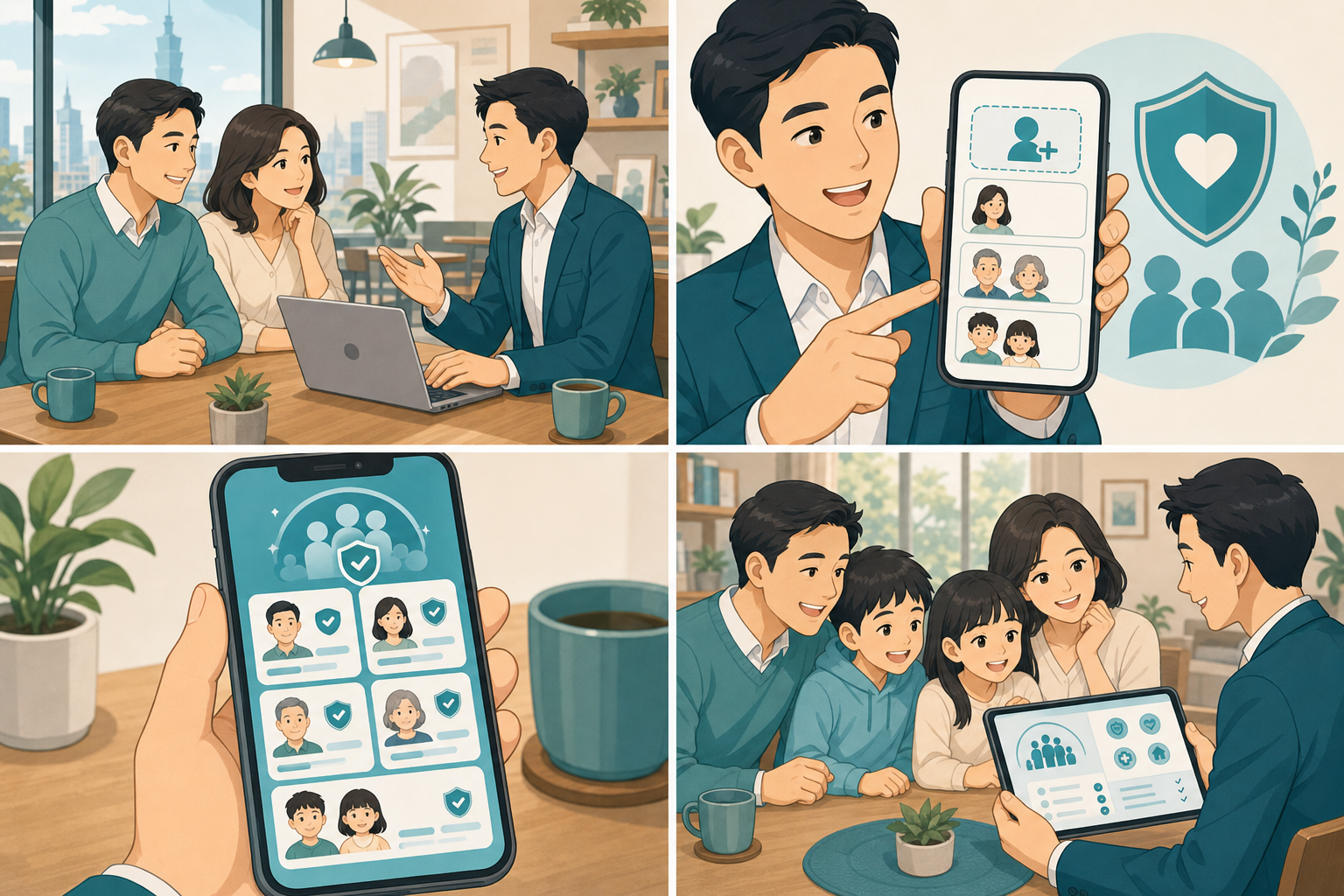 招式 3 情境：業務員與客戶面對面 → 加家人到 APP → 全家保單清單 → 一家四口保單健診