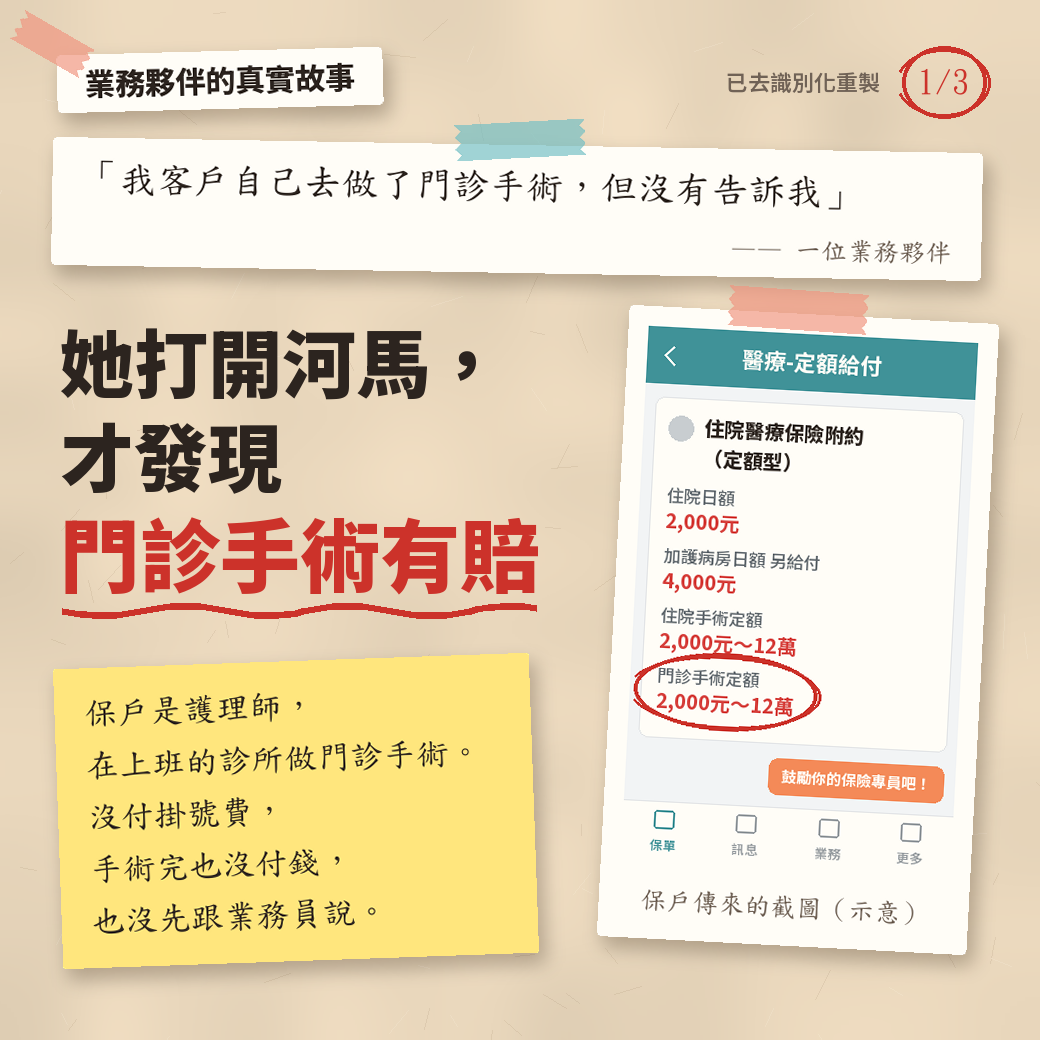 業務夥伴的真實故事:保戶是護理師,在上班的診所做門診手術,沒付掛號費、手術完也沒付錢,也沒告訴業務員;她打開河馬,才發現門診手術有賠